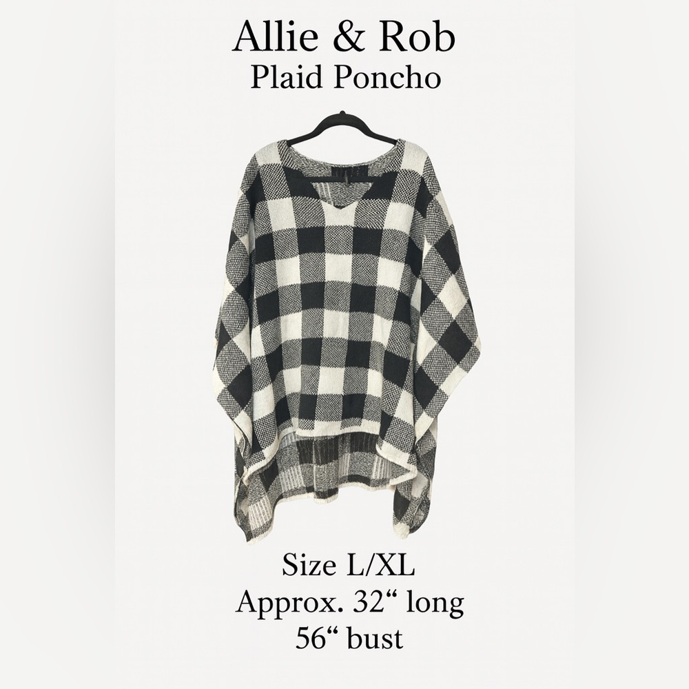 Allie & Rob Black White Buffalo Plaid Knit Poncho L/XL